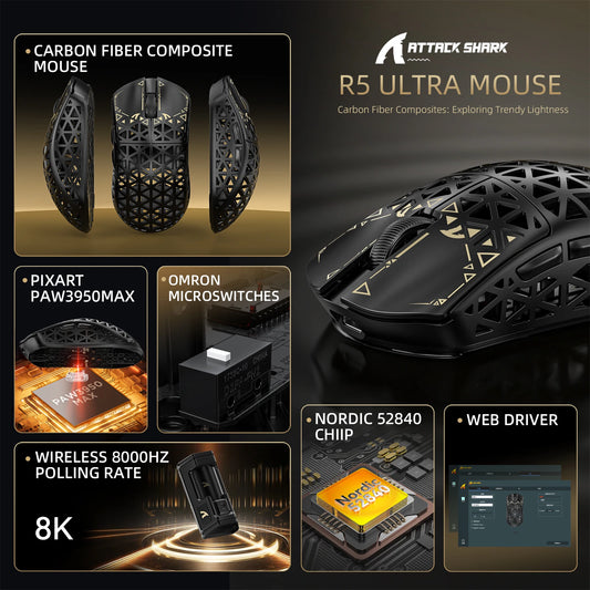 Souris Gaming Sans Fil Attack Shark R5 Ultra – Fibre de Carbone – Capteur PAW3950MAX – 8000Hz – 42g Ultra Légère – Tri-Mode