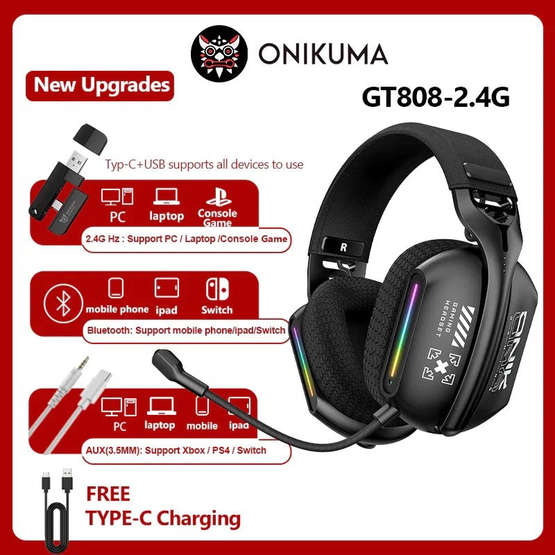 Casque Gaming Sans Fil ONIKUMA GT808 — RGB / 3 Modes / Bluetooth 5.3 / 2.4GHz - GamerZone