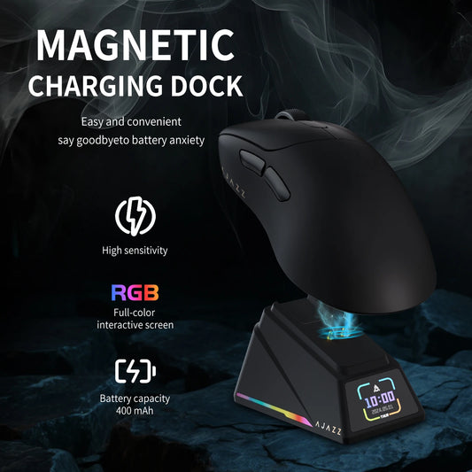 Souris Gaming Sans Fil AJAZZ AJ179 Apex – Capteur PAW3950 – Tri-Mode 8000Hz – Écran Couleur – Station de Charge Magnétique – 58g