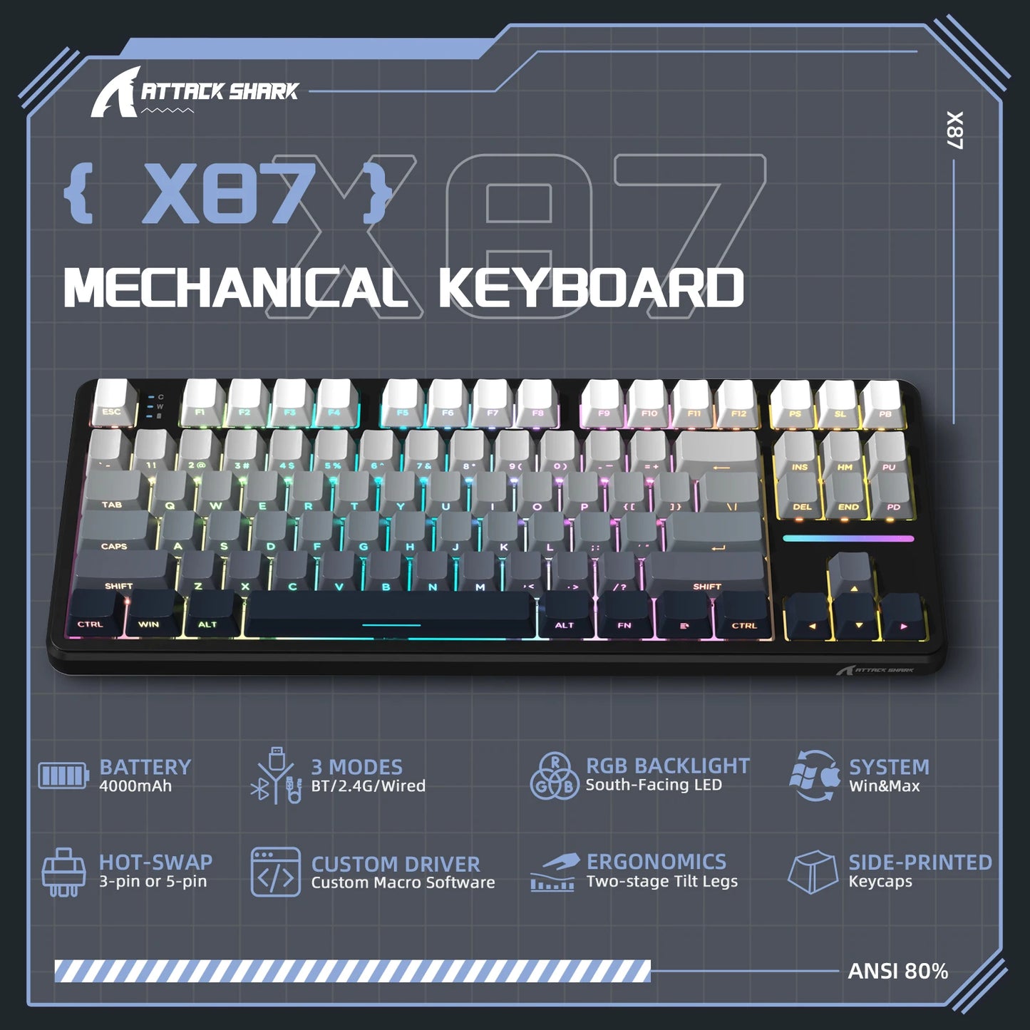 Clavier Mécanique Gaming Sans Fil Attack Shark X87 – 80% Tri-Mode 2.4G/BT/Filaire – Hot-Swap – RGB 18+ Effets – Batterie 4000mAh