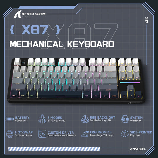 Clavier Mécanique Gaming Sans Fil Attack Shark X87 – 80% Tri-Mode 2.4G/BT/Filaire – Hot-Swap – RGB 18+ Effets – Batterie 4000mAh - GamerZone