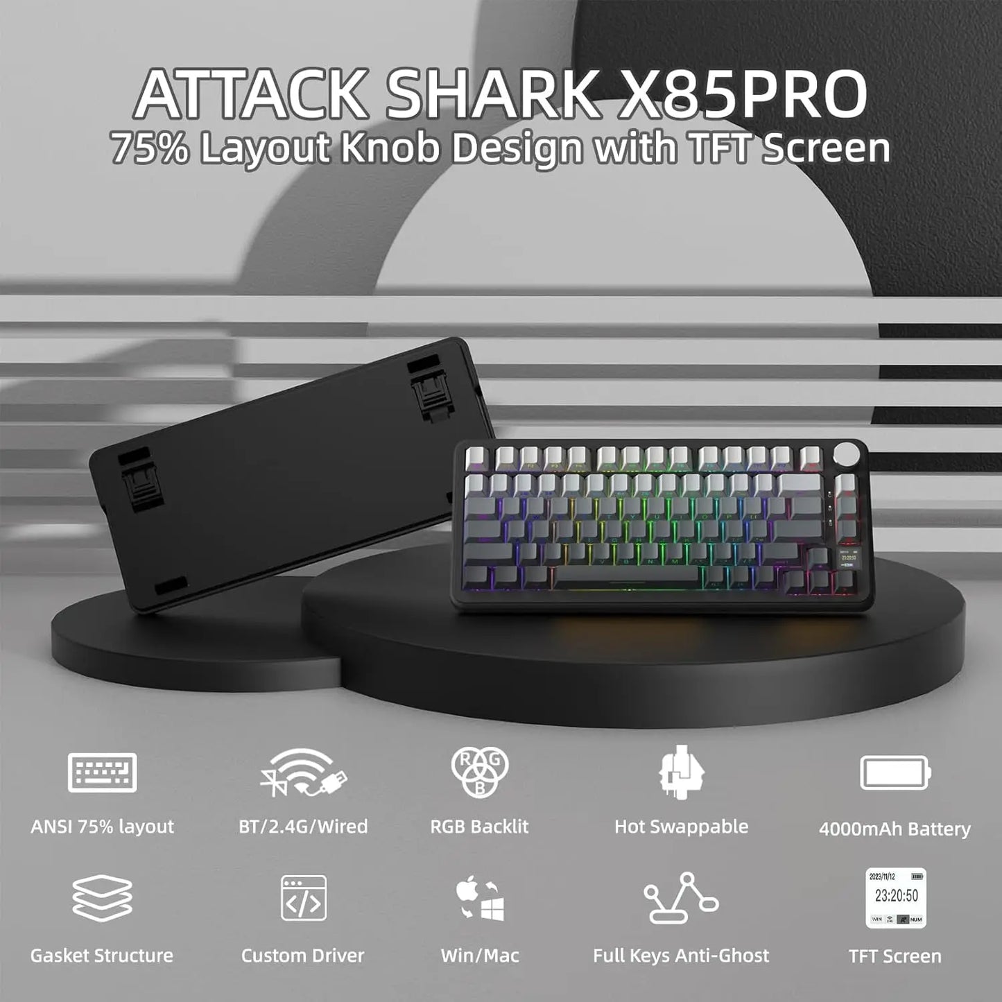 Clavier Mécanique Attack Shark X85Pro - 75% Écran Hot-Swap Sans Fil RGB