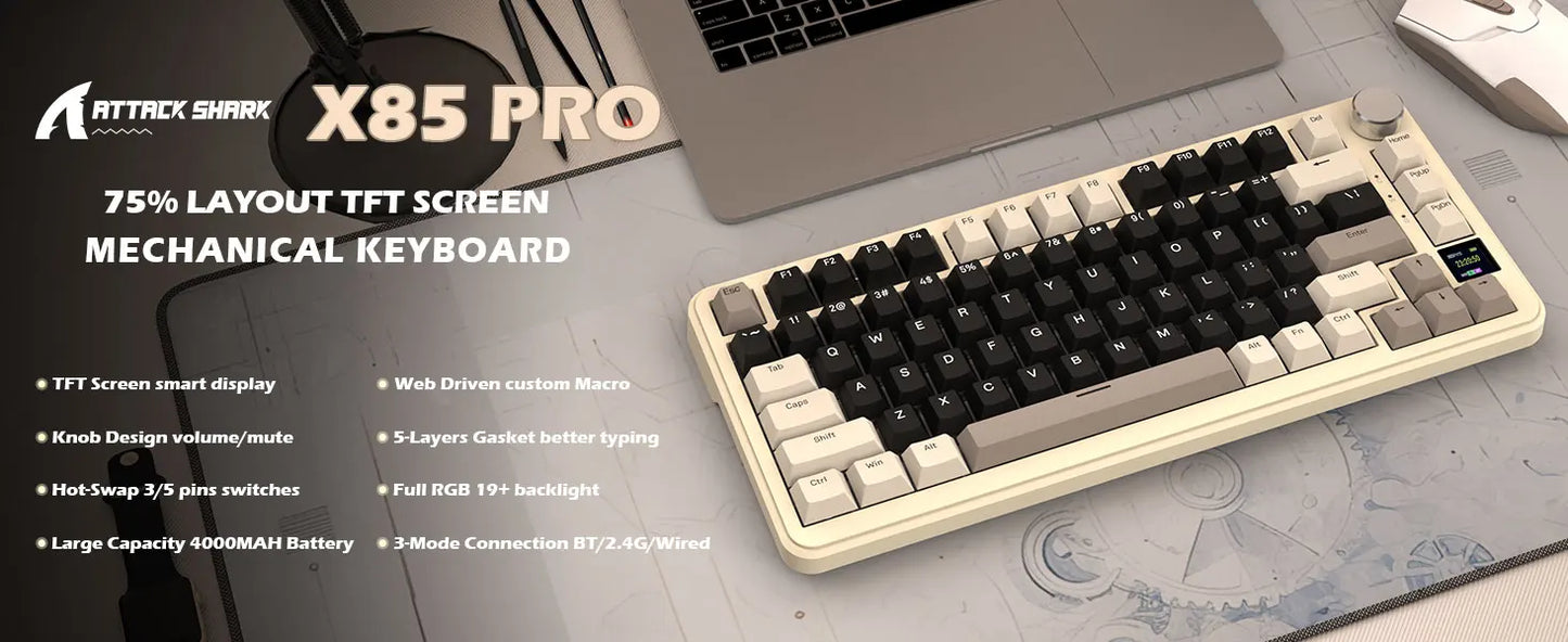 Clavier Mécanique Attack Shark X85Pro - 75% Écran Hot-Swap Sans Fil RGB