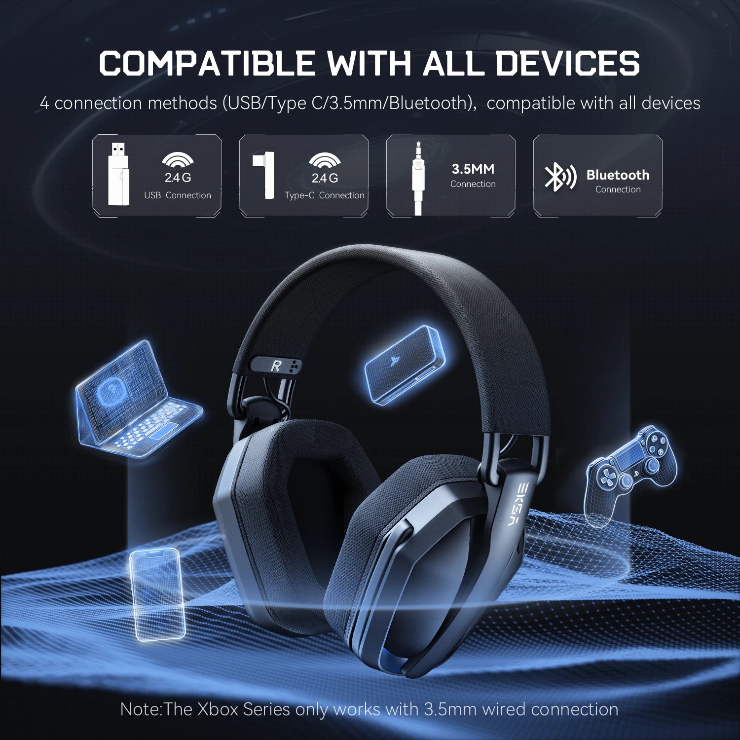 Casque gaming Bluetooth 2.4GHz RGB EKSA sans fil 35H — GamerZone