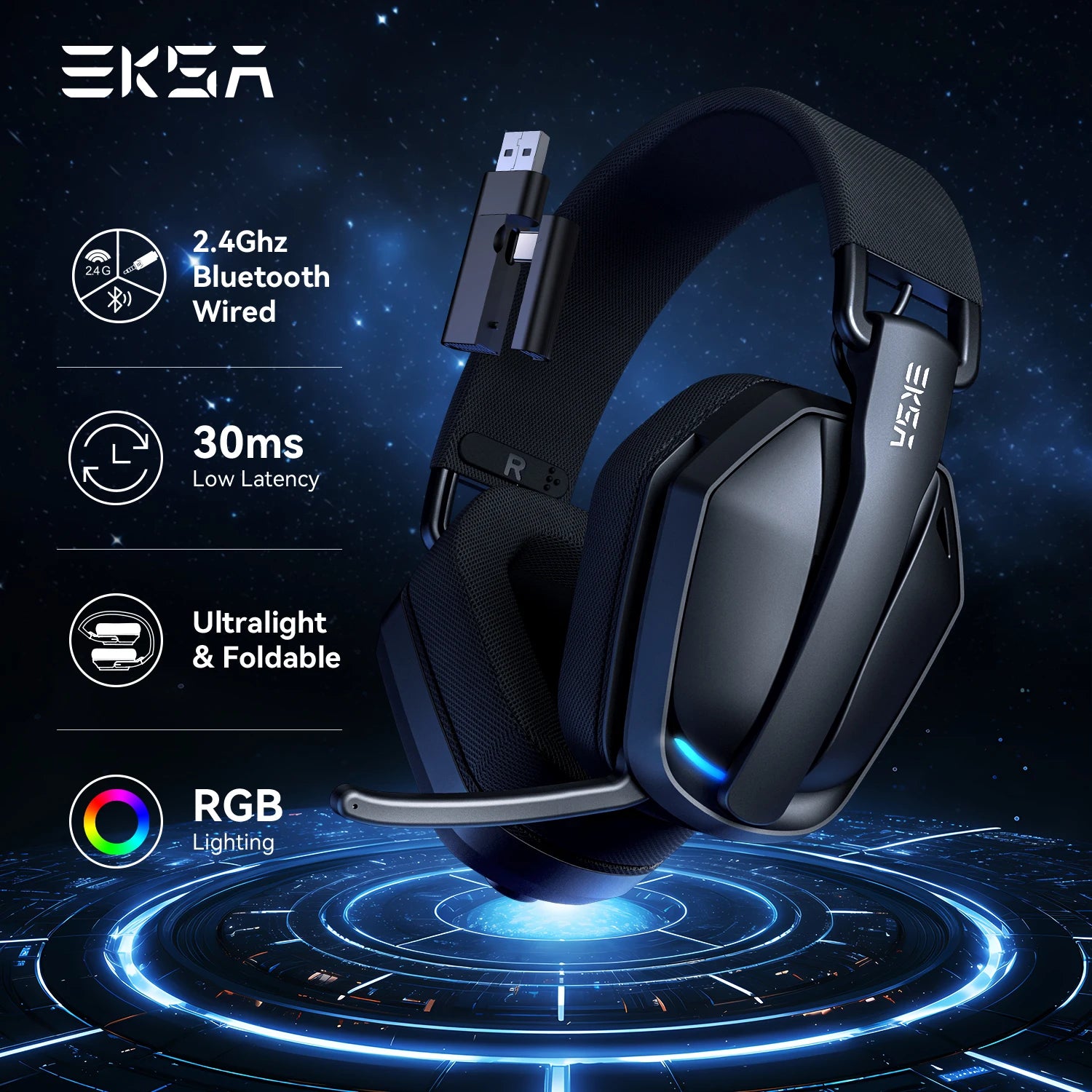 Casque gaming Bluetooth 2.4GHz RGB EKSA sans fil 35H — GamerZone