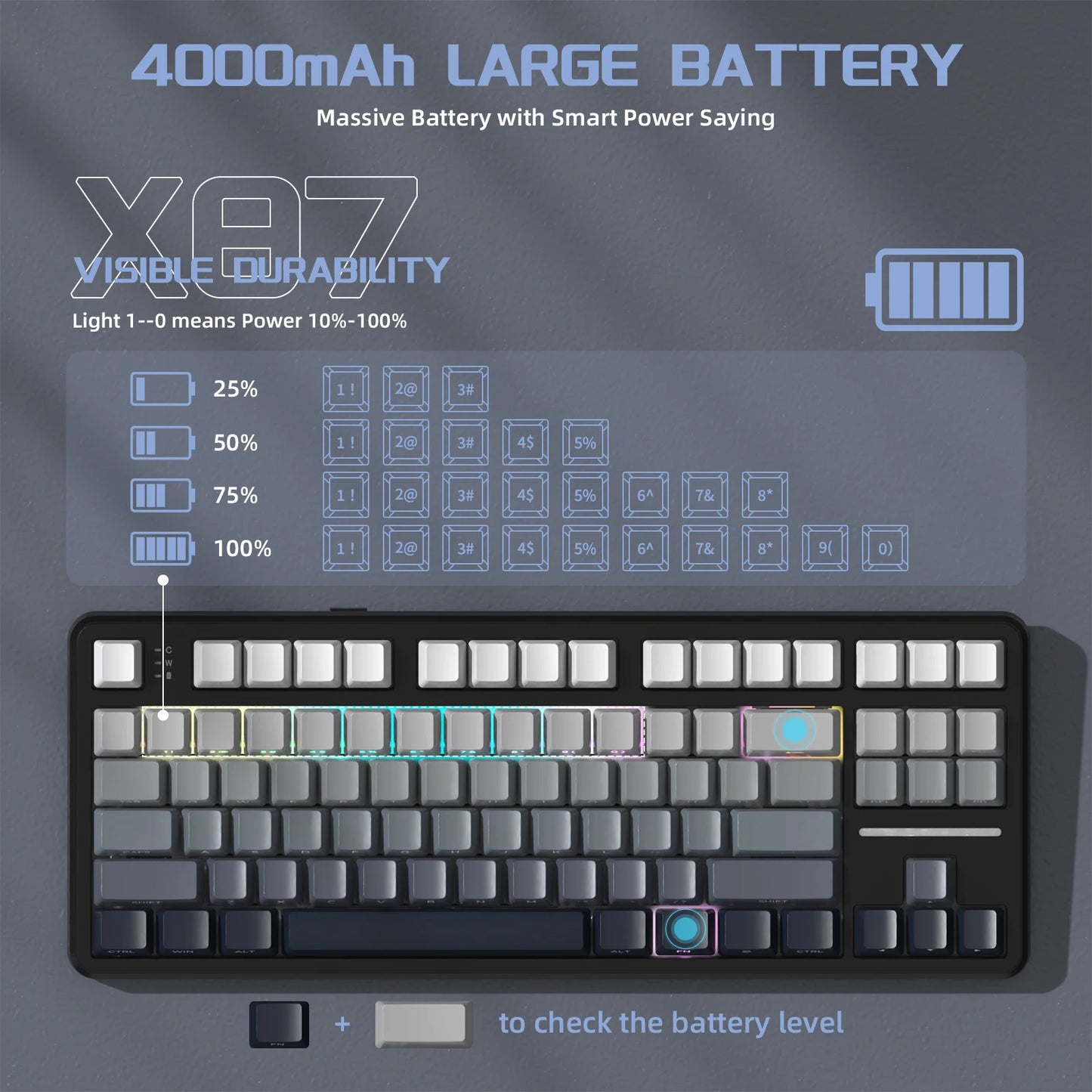 Clavier Mécanique Gaming Sans Fil Attack Shark X87 – 80% Tri-Mode 2.4G/BT/Filaire – Hot-Swap – RGB 18+ Effets – Batterie 4000mAh