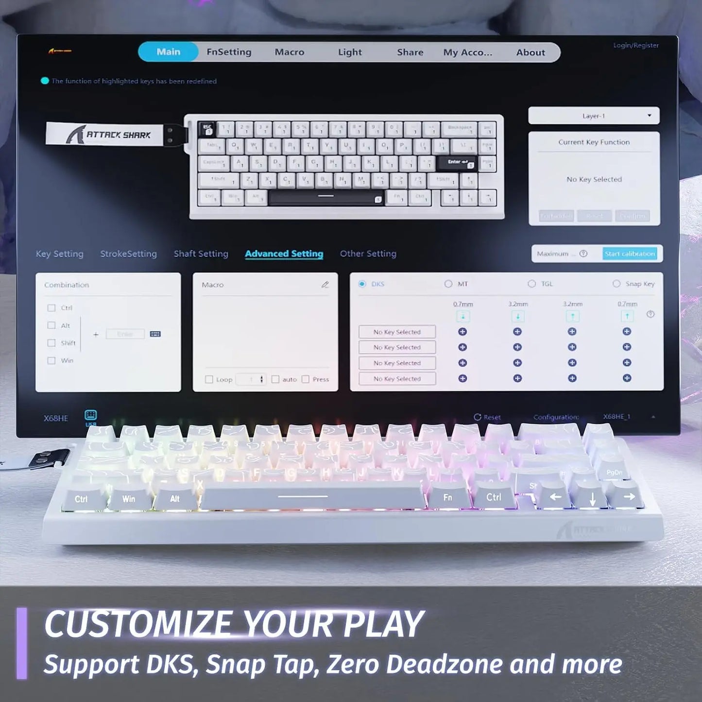 Clavier Mécanique Gaming Attack Shark X68 HE – 60% Rapid Trigger – Switch Magnétique Hall Effect – 8000Hz – 0.01mm Précision