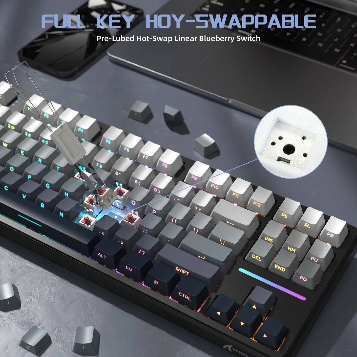 Clavier Mécanique Gaming Sans Fil Attack Shark X87 – 80% Tri-Mode 2.4G/BT/Filaire – Hot-Swap – RGB 18+ Effets – Batterie 4000mAh