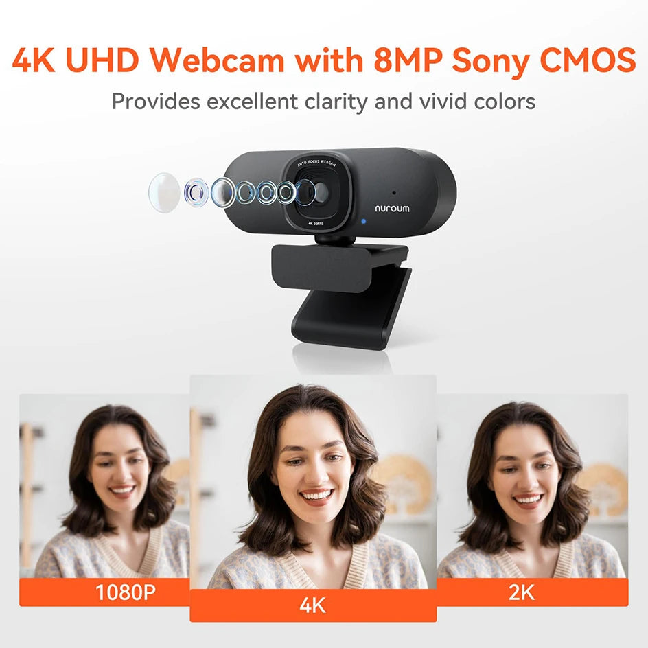 Webcam Streaming NUROUM 4K — Auto Focus IA, Réduction de Bruit, Cadrage Automatique