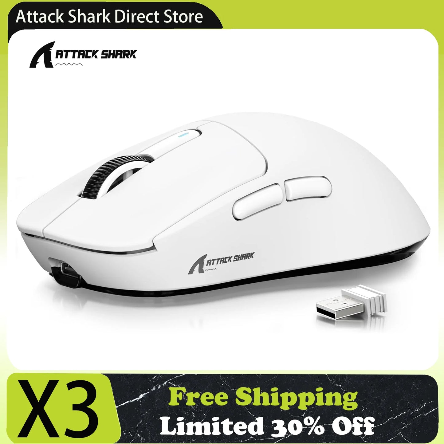 Souris Gaming Sans Fil Attack Shark X3 – Tri-Mode 2.4G/BT/Filaire – Capteur PAW3395 – 49g Ultra Légère – 200H Autonomie - GamerZone
