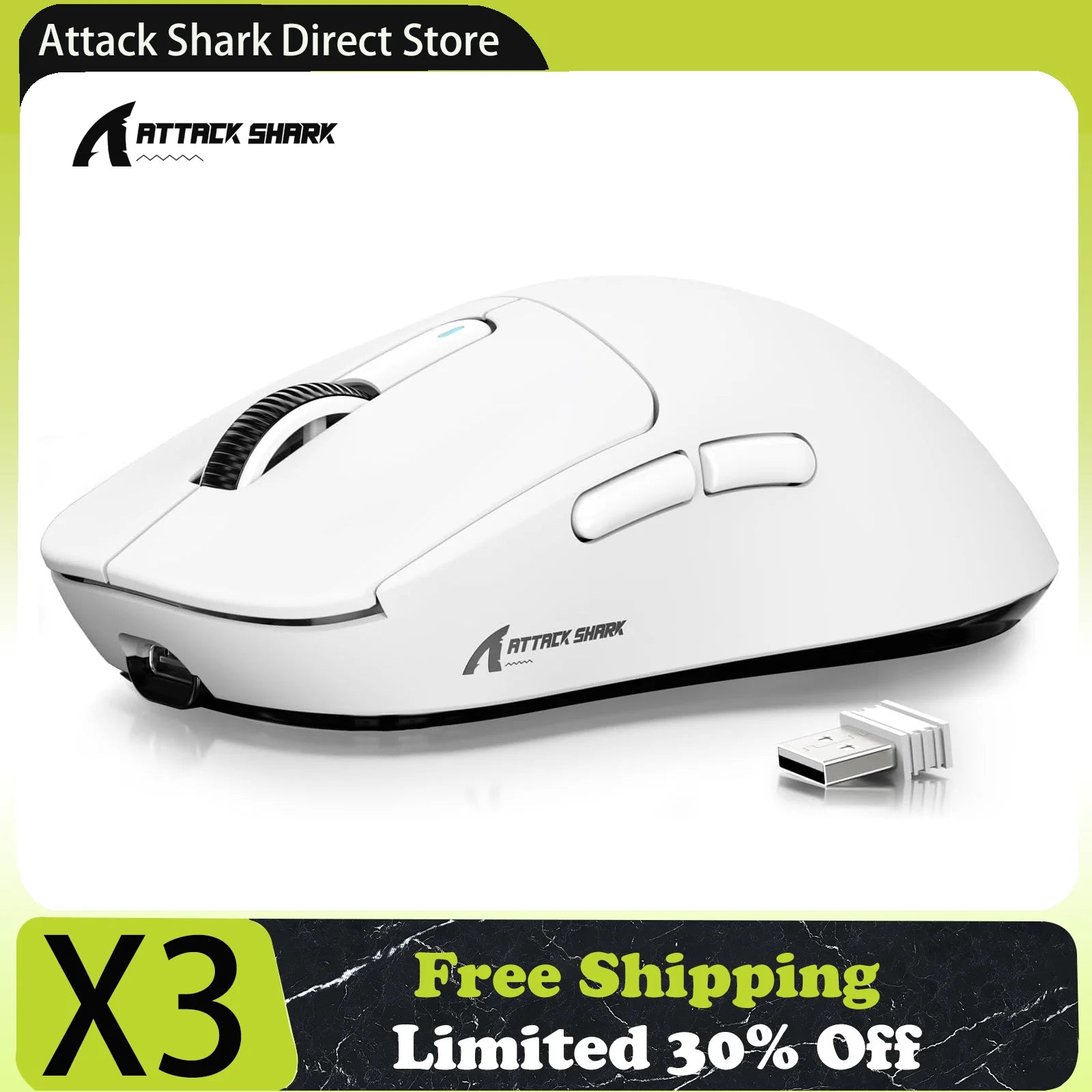 Souris Gaming Sans Fil Attack Shark X3 – Tri-Mode 2.4G/BT/Filaire – Capteur PAW3395 – 49g Ultra Légère – 200H Autonomie - GamerZone