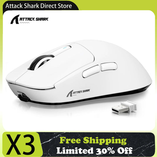 Souris Gaming Sans Fil Attack Shark X3 – Tri-Mode 2.4G/BT/Filaire – Capteur PAW3395 – 49g Ultra Légère – 200H Autonomie