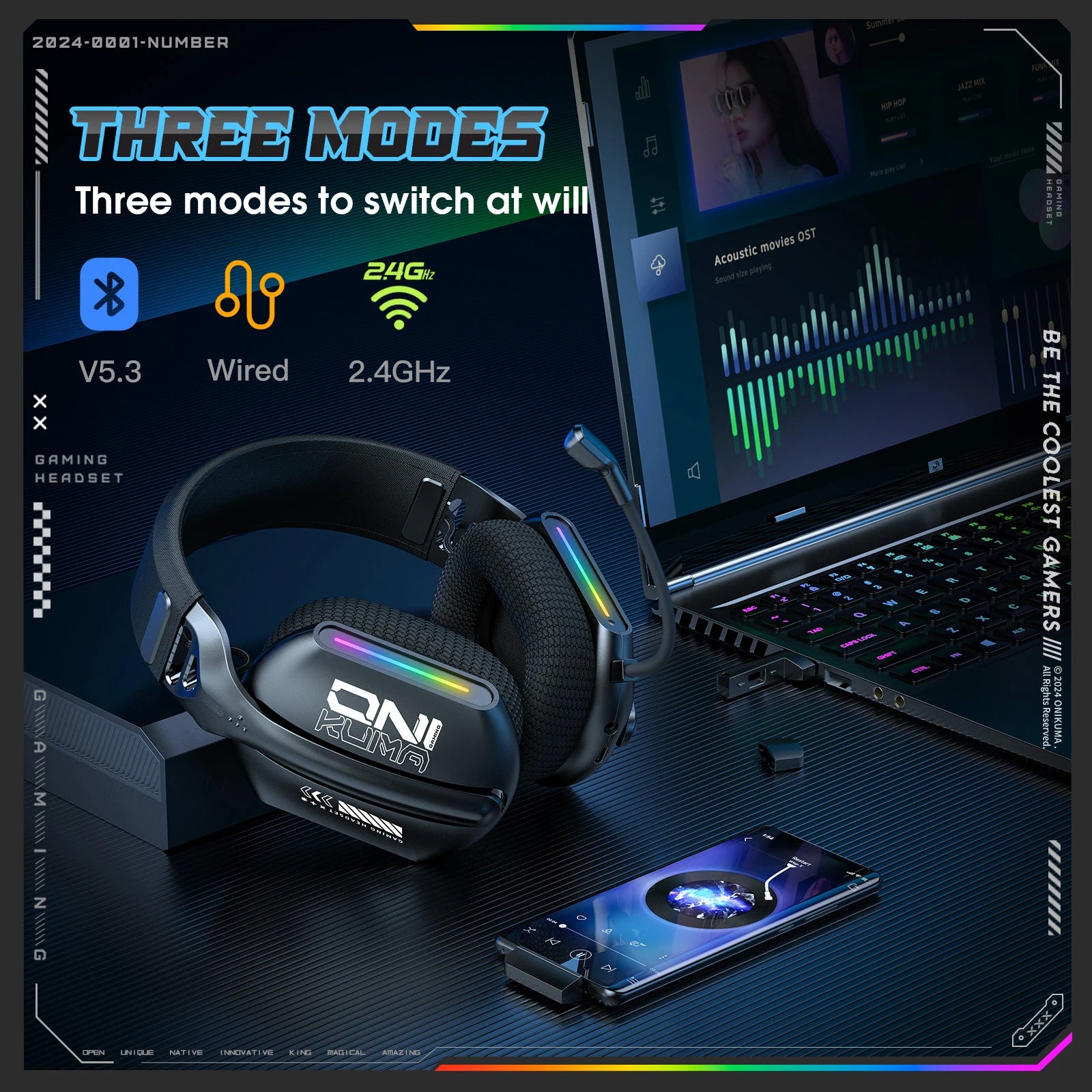 Casque Gaming Sans Fil ONIKUMA GT808 — RGB / 3 Modes / Bluetooth 5.3 / 2.4GHz - GamerZone