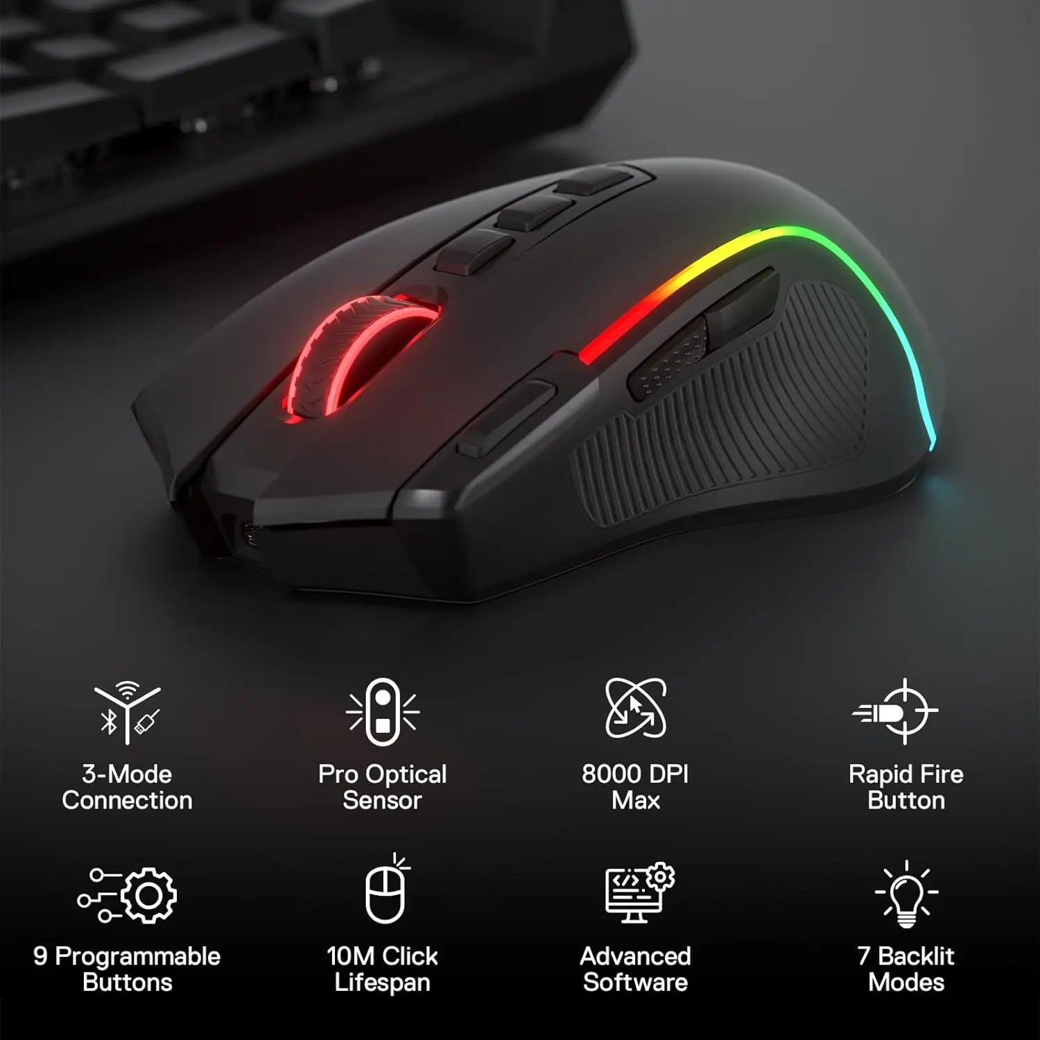 Souris Gaming Sans Fil Redragon M612 PRO — Tri - Mode RGB / 8000 DPI - GamerZone