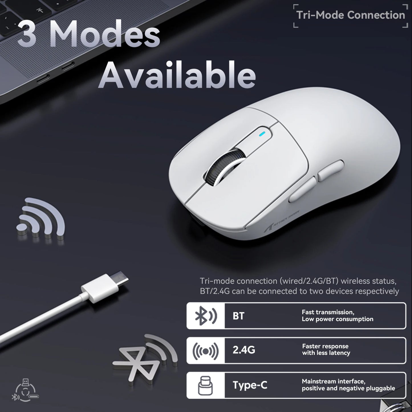 Souris Gaming Sans Fil Attack Shark X3 – Tri-Mode 2.4G/BT/Filaire – Capteur PAW3395 – 49g Ultra Légère – 200H Autonomie - GamerZone