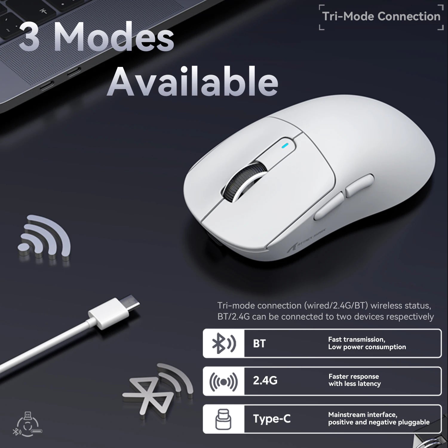 Souris Gaming Sans Fil Attack Shark X3 – Tri-Mode 2.4G/BT/Filaire – Capteur PAW3395 – 49g Ultra Légère – 200H Autonomie - GamerZone