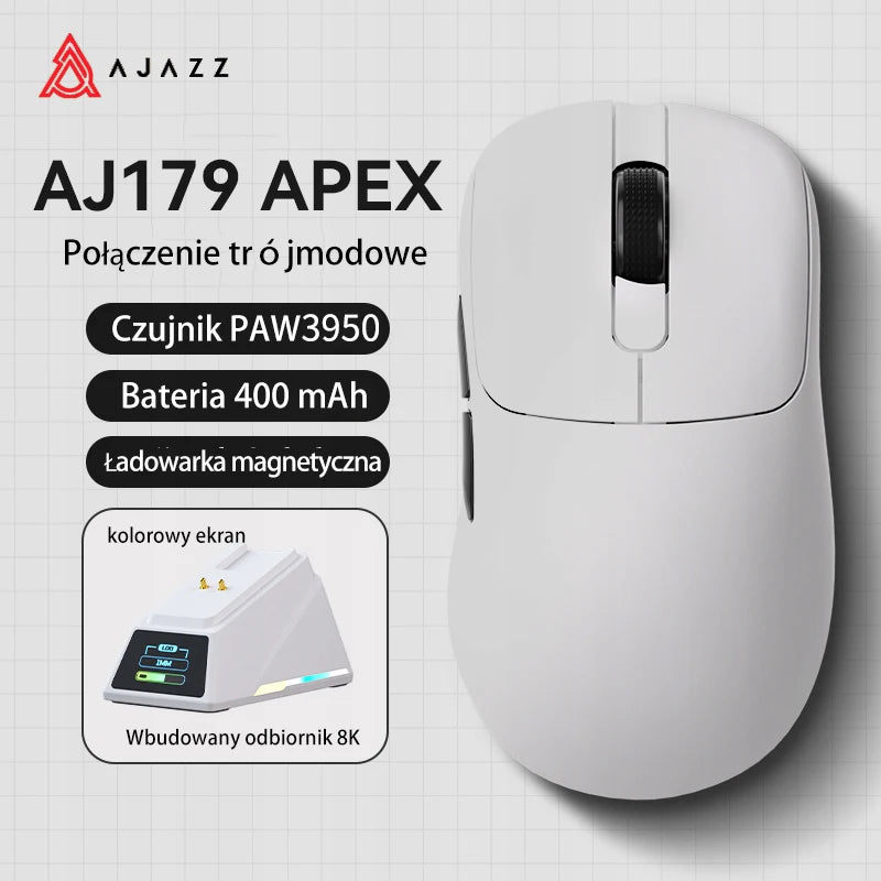 Souris Gaming Sans Fil AJAZZ AJ179 Apex – Capteur PAW3950 – Tri-Mode 8000Hz – Écran Couleur – Station de Charge Magnétique – 58g