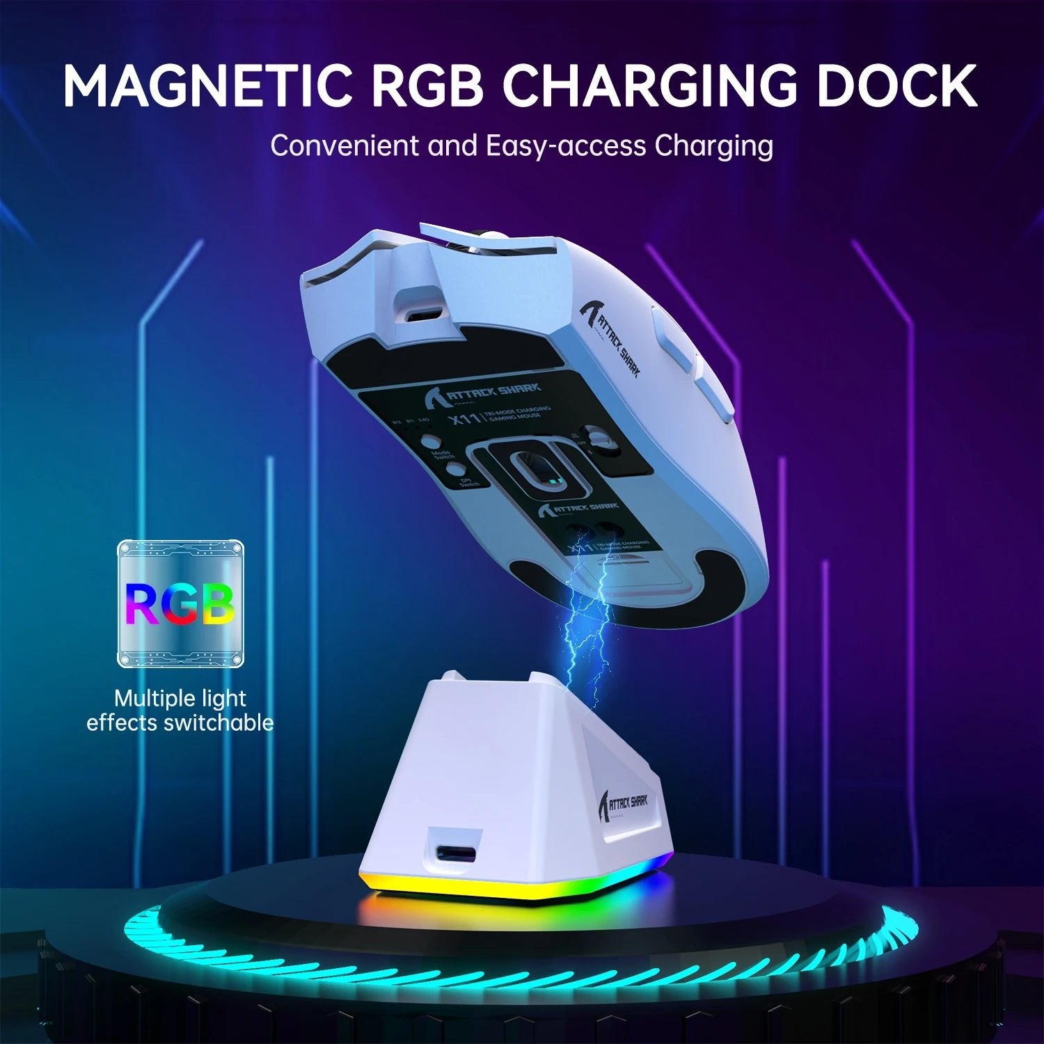 Souris Gaming Sans Fil Attack Shark X11 – Tri-Mode 2.4G/BT/Filaire – Capteur PAW3311 – Base de Charge Magnétique RGB – 63g - GamerZone