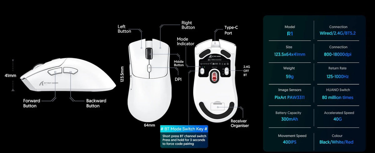 Attack Shark R1 – Souris Gaming Sans Fil 18 000 DPI 1000 Hz - GamerZone