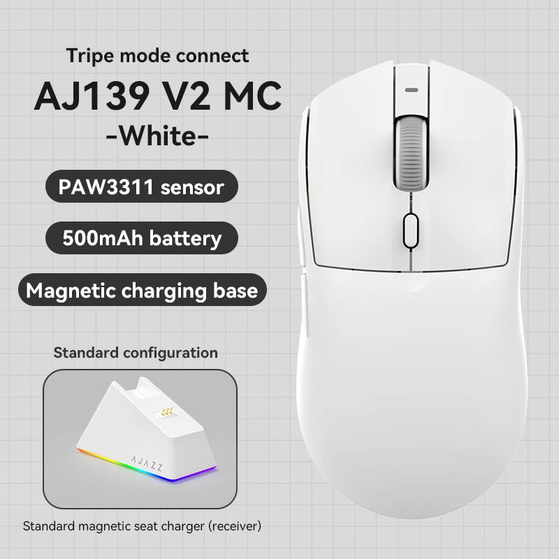 Souris Gaming Sans Fil AJAZZ AJ139 V2 MC – Tri-Mode 2.4G/BT/Filaire – Capteur PAW3311 – Base de Charge Magnétique RGB – 66g - GamerZone