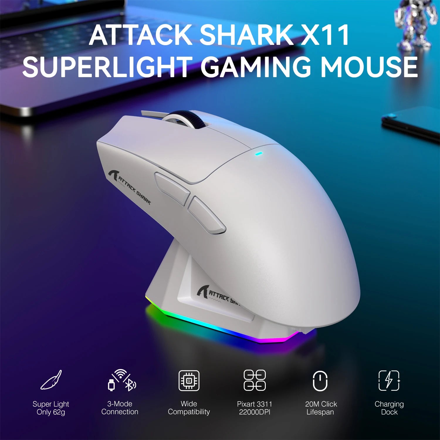 Souris Gaming Sans Fil Attack Shark X11 – Tri-Mode 2.4G/BT/Filaire – Capteur PAW3311 – Base de Charge Magnétique RGB – 63g - GamerZone
