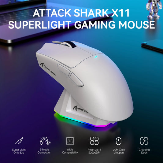 Souris Gaming Sans Fil Attack Shark X11 – Tri-Mode 2.4G/BT/Filaire – Capteur PAW3311 – Base de Charge Magnétique RGB – 63g