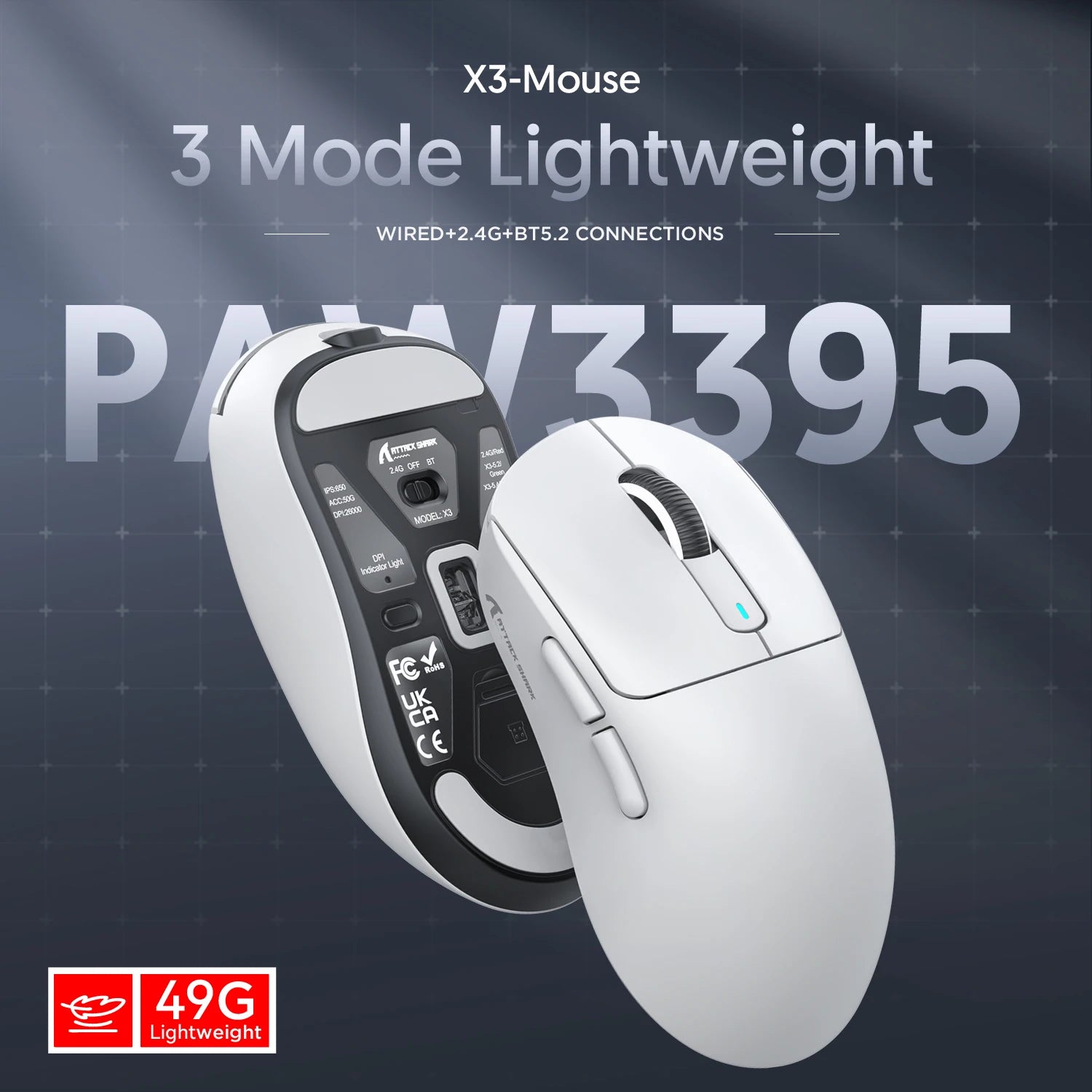 Souris Gaming Sans Fil Attack Shark X3 – Tri-Mode 2.4G/BT/Filaire – Capteur PAW3395 – 49g Ultra Légère – 200H Autonomie - GamerZone