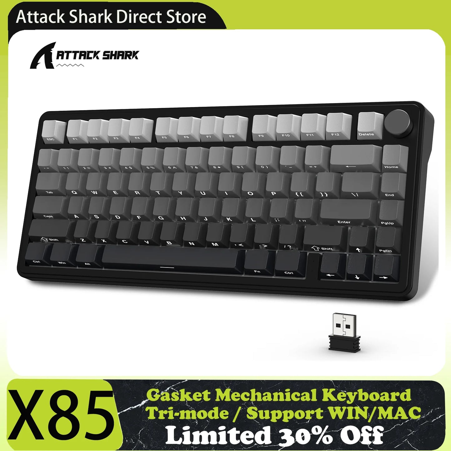 Clavier Mécanique Gaming Sans Fil Attack Shark X85 – 75% Gasket – Tri-Mode 2.4G/BT/Filaire – Switches Hot-Swap – Bouton CNC – RGB 1.6M