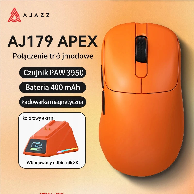 Souris Gaming Sans Fil AJAZZ AJ179 Apex – Capteur PAW3950 – Tri-Mode 8000Hz – Écran Couleur – Station de Charge Magnétique – 58g
