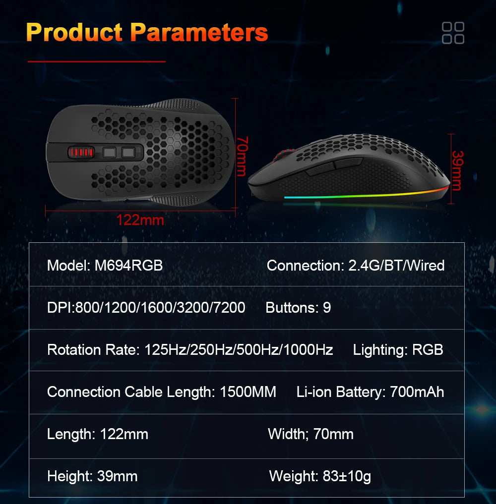 Souris gaming sans fil Redragon RGB vue de profil — GamerZone