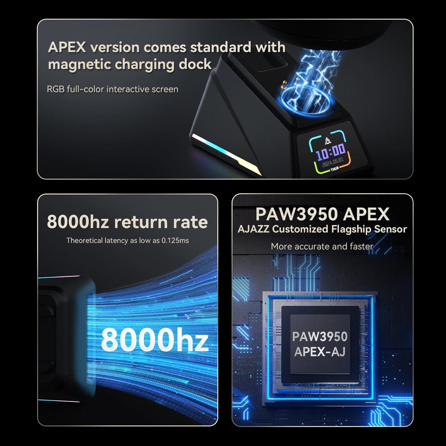 Souris Gaming Sans Fil AJAZZ AJ179 Apex – Capteur PAW3950 – Tri-Mode 8000Hz – Écran Couleur – Station de Charge Magnétique – 58g