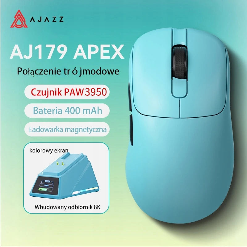 Souris Gaming Sans Fil AJAZZ AJ179 Apex – Capteur PAW3950 – Tri-Mode 8000Hz – Écran Couleur – Station de Charge Magnétique – 58g