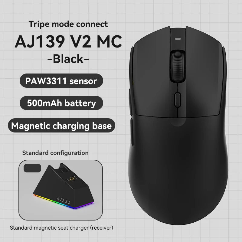 Souris Gaming Sans Fil AJAZZ AJ139 V2 MC – Tri-Mode 2.4G/BT/Filaire – Capteur PAW3311 – Base de Charge Magnétique RGB – 66g - GamerZone