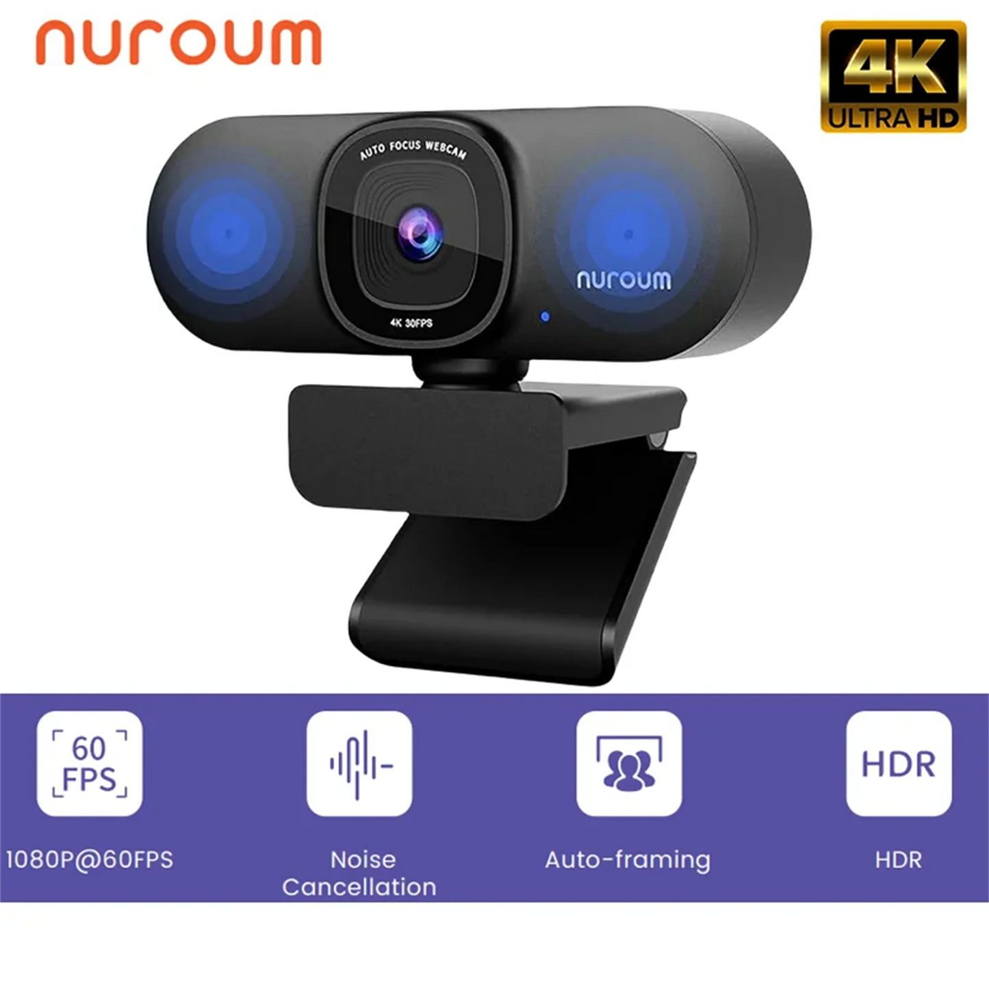 Webcam Streaming NUROUM 4K — Auto Focus IA, Réduction de Bruit, Cadrage Automatique