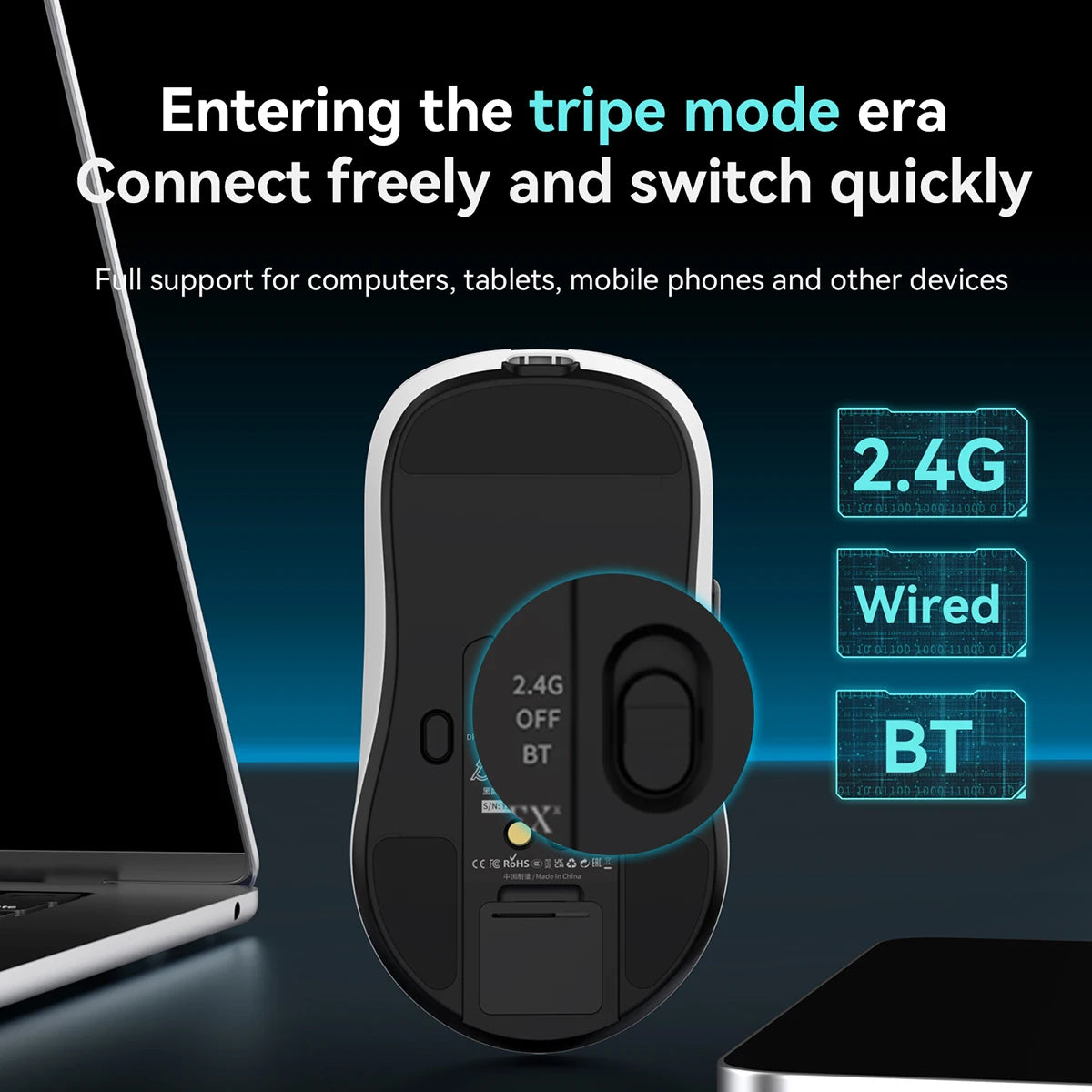 Souris Gaming Sans Fil AJAZZ AJ159 Pro – Tri-Mode 2.4G/BT/Filaire – Capteur PAW3395 – Station de Charge Magnétique
