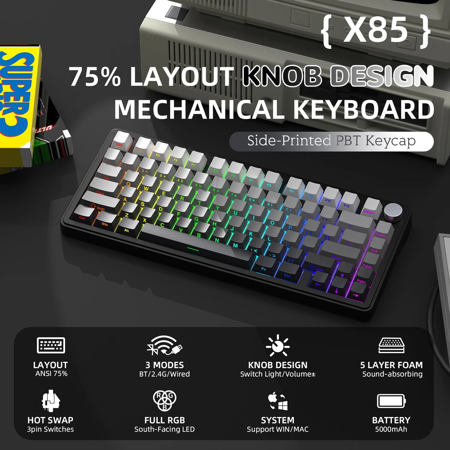 Clavier Mécanique Gaming Sans Fil Attack Shark X85 – 75% Gasket – Tri-Mode 2.4G/BT/Filaire – Switches Hot-Swap – Bouton CNC – RGB 1.6M